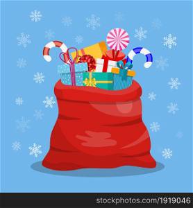 Santa Claus red bag, sack with gift boxes, Pile of presents, surprises, prizes. Shopping for xmas. Christmas, holidays concept. Vector illustration in flat design. Santa Claus red bag,