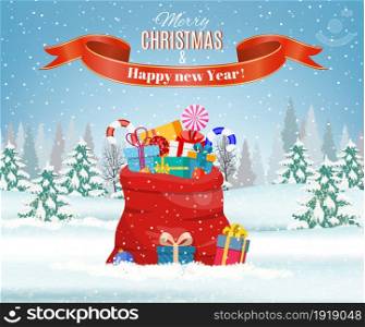 Santa Claus red bag, sack with gift boxes, ribbon, sweets Shopping for xmas. Christmas, holidays concept.. Santa Claus red bag,