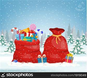 Santa Claus red bag, sack with gift boxes, sweets Shopping for xmas. Christmas, holidays concept.. Santa Claus red bag,