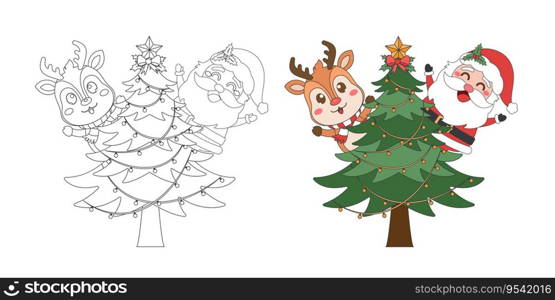 Santa Claus, Reindeer and Christmas tree, Christmas theme line art doodle cartoon illustration, Merry Christmas.