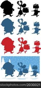 Santa Claus, Reindeer, And Elf Running In Christmas Night Silhouettes. Vector Collection Set Illustration Isolated On White Background