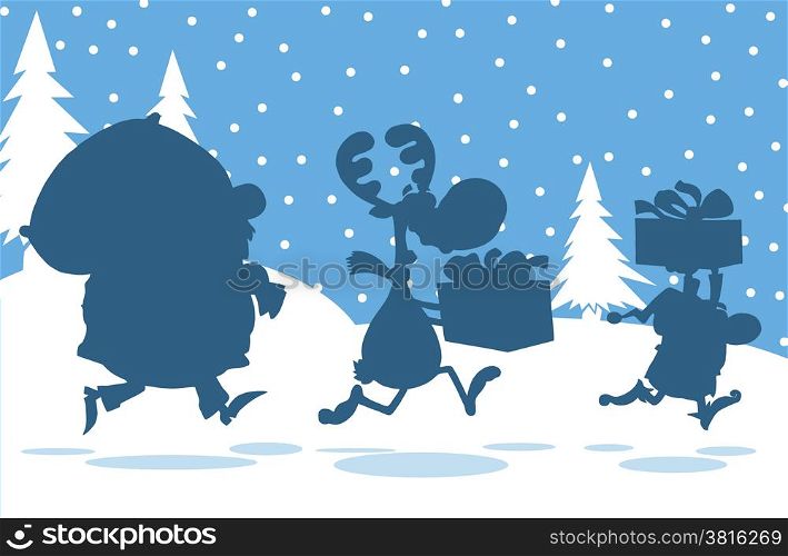 Santa Claus,Reindeer And Elf Running In Christmas Night Silhouettes Design Card