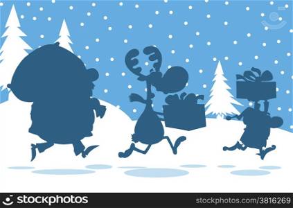 Santa Claus,Reindeer And Elf Running In Christmas Night Silhouettes Design Card
