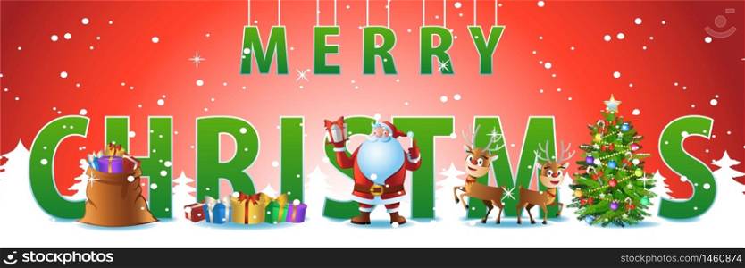 santa claus,reindeer,gift,snowman and xmas tree stand front of big green merry christmas text in among falling snow before send gift to people,vector illustration