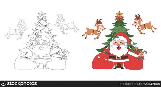 Santa Claus, reindeer with Christmas gift bag and Christmas tree, Christmas theme line art doodle cartoon illustration, Coloring book for kids, Merry Christmas.