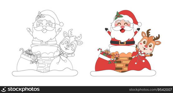 Santa Claus, reindeer with Christmas gift bag, Christmas theme line art doodle cartoon illustration, Coloring book for kids, Merry Christmas.