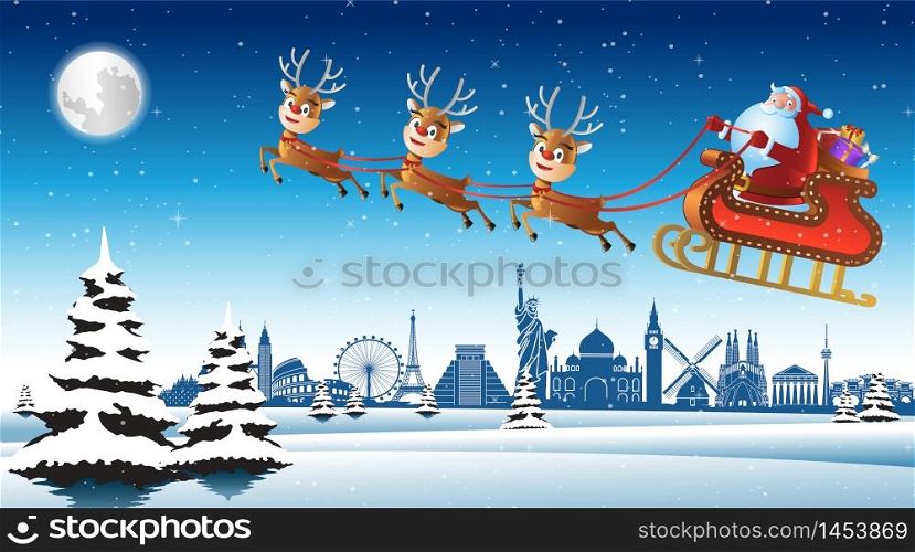 Santa claus ride sleigh with deer fly over landmarks of the world to send gift to everyone,vector illustration