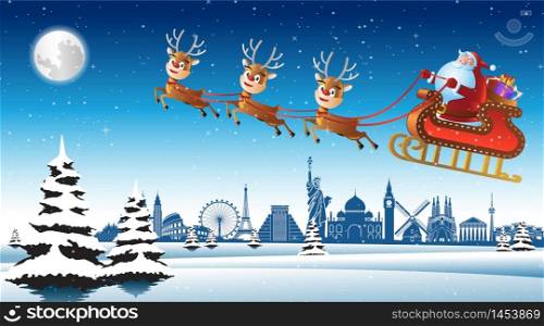 Santa claus ride sleigh with deer fly over landmarks of the world to send gift to everyone,vector illustration