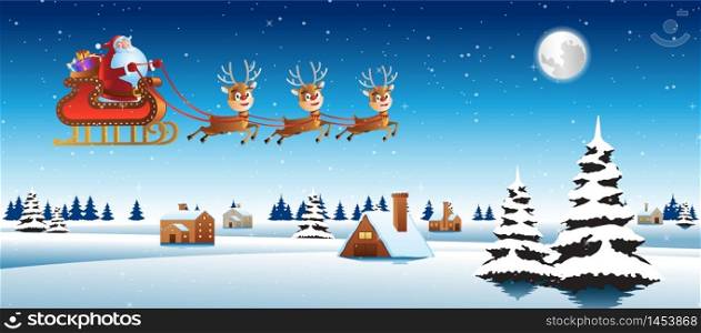 Santa claus ride sleigh with deer fly over village to send gift to everyone,vector illustration