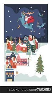 Santa Claus rides on deer. A small cozy snow covered town. New year and Christmas. Vector christmas card.