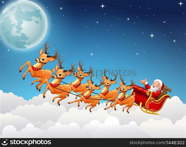 Santa Claus rides reindeer sleigh flying in the sky