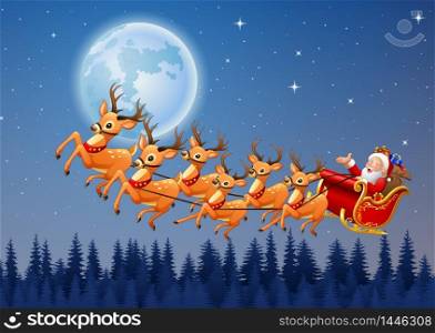 Santa Claus rides reindeer sleigh flying in the sky