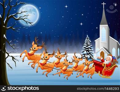 Santa Claus rides reindeer sleigh in front of church in Christmas night