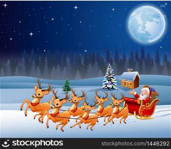 Santa Claus rides reindeer sleigh on Christmas night