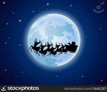Santa Claus rides reindeer sleigh silhouette against a full moon background