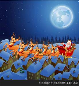 Santa Claus riding his reindeer sleigh flying in the sky
