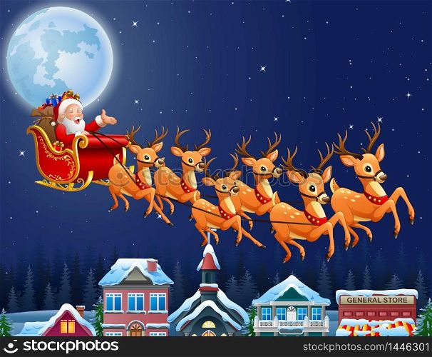 Santa Claus riding his reindeer sleigh flying over town