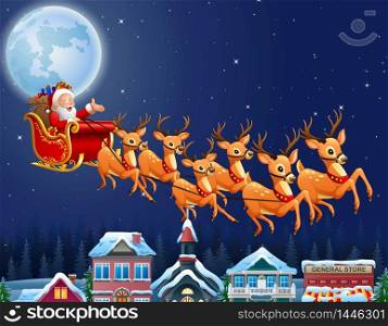 Santa Claus riding his reindeer sleigh flying over town