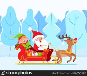 Santa Claus riding sleigh with reindeer. Elf sit in sled with gift boxes. Christmas time in december, traditional holiday characters. Landscape of Lapland with snowy trees. Vector illustration in flat. Santa Claus and Elf Riding Sleigh, Christmas Time