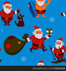 Santa Claus seamless pattern winter character having fun vector old man playing with dog holding surfing board and hurrying to give presents sack full of gifts skiing hobby of Saint Nicholas. Santa Claus seamless pattern winter character having fun