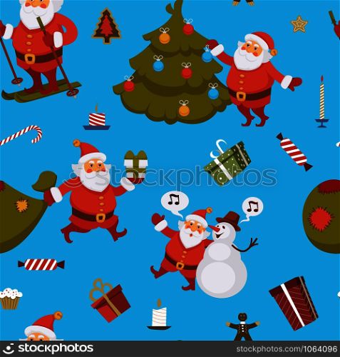 Santa Claus seamless pattern winter character having fun vector old man playing with dog holding surfing board and hurrying to give presents sack full of gifts skiing hobby of Saint Nicholas.. Santa Claus seamless pattern winter character having fun vector