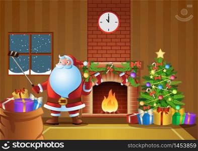 Santa Claus selfie in fireplace room in Christmas night,vector illustration