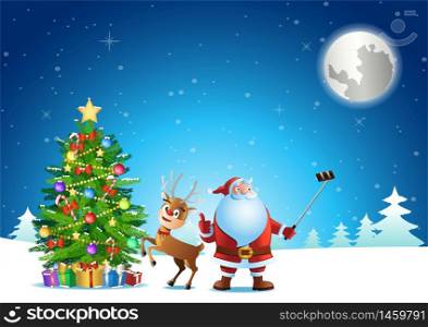 Santa Claus selfie in fireplace room in Christmas night,vector illustration