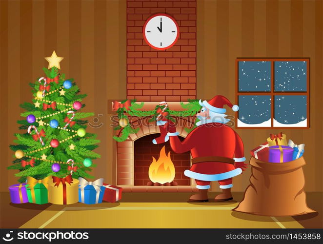 Santa Claus send gift in fireplace room in Christmas night,vector illustration