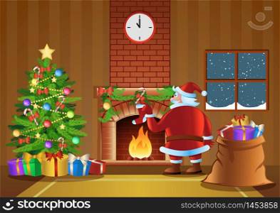 Santa Claus send gift in fireplace room in Christmas night,vector illustration