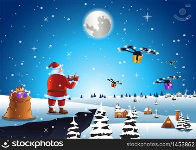 santa claus send gift to everyone by drone at village scene,vector illustration