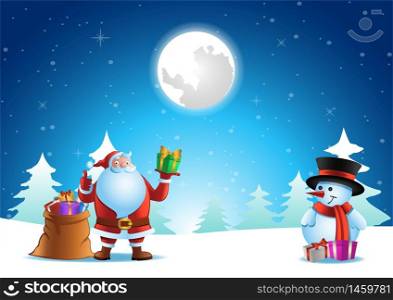 santa claus send gift to snowman at xmas night,vector illustration