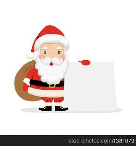 Santa Claus showing on big blank sign. Cartoon Santa Claus character with white copy space. Vector stock.