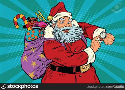 Santa Claus shows on the clock, New year and Christmas, pop art retro vector illustration
