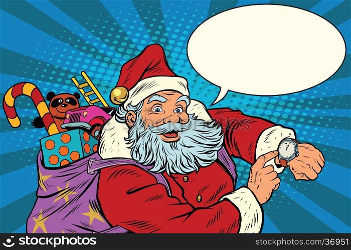 Santa Claus shows on the clock, New year and Christmas, pop art retro vector illustration. Comic bubble