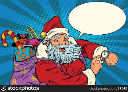 Santa Claus shows on the clock, New year and Christmas, pop art retro vector illustration. Comic bubble