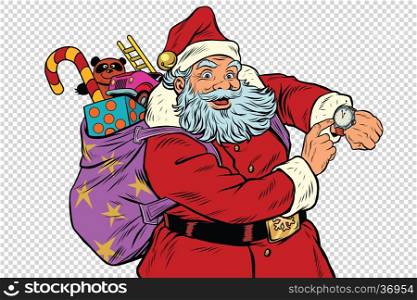 Santa Claus shows on the clock, New year and Christmas, pop art retro vector illustration. Checkered background to simulate transparency