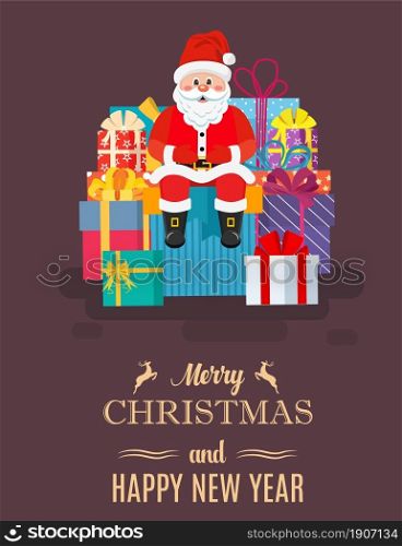 Santa Claus sits by boxes with gifts. Christmas greeting card template.Vector illustration in flat style. Santa Claus sits by boxes with gifts