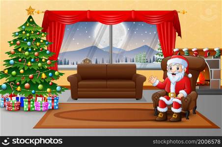 Santa claus sitting in sofa near decorated pine tree