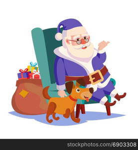 Santa Claus Sitting On Chair Vector. Funny Dog. Heavy Sack Full Of Gifts Boxes Vector. Blue Santa Suit. 2018 Year Of The Dog. Isolated On White Cartoon Character Illustration. Santa Claus Sitting On Chair Vector. Funny Dog. Heavy Sack Full Of Gifts Boxes Vector. Blue Santa Suit. 2018 Year Of The Dog. Isolated On White Cartoon Character