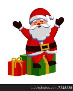 Santa Claus sitting on colorful gift boxes icon isolated on white background. Vector illustration with happy Father Frost and presents decorated by bows. Santa Claus Sitting on Colorful Gift Boxes Icon