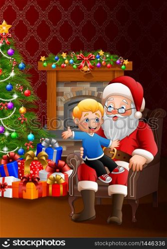 Santa Claus sitting with a little cute boy over Christmas background