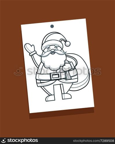 Santa Claus sketch, colorless picture of winter character with bag on shoulders, presents for kids and happy expression on face vector illustration. Santa Claus Sketch Picture Vector Illustration