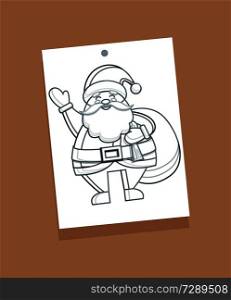 Santa Claus sketch, colorless picture of winter character with bag on shoulders, presents for kids and happy expression on face vector illustration. Santa Claus Sketch Picture Vector Illustration