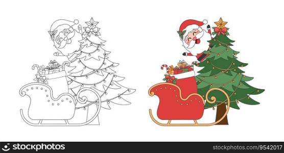 Santa Claus, Sleigh with Christmas gift bag and Christmas tree, Christmas theme line art doodle cartoon illustration, Merry Christmas.