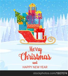 Santa claus sleigh with gifts boxes with bows and christmas tree. Happy new year decoration. Merry christmas holiday. New year and xmas celebration. Vector illustration in flat style. Santa claus sleigh with christmas presents