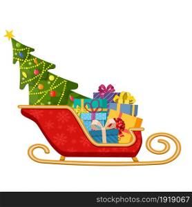 Santa claus sleigh with gifts boxes with bows and christmas tree. Happy new year decoration. Merry christmas holiday. New year and xmas celebration. Vector illustration in flat style. Santa claus sleigh with gifts and christmas tree