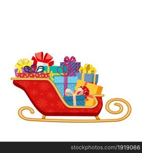 Santa claus sleigh with gifts boxes with bows. Happy new year decoration. Merry christmas holiday. New year and xmas celebration. Vector illustration in flat style. Santa claus sleigh with gifts