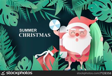 Santa Claus smile wearing beach suit of Tropical leaves and nature plants.Paper cut and craft Origami Hawaiian style summertime space for text.Summer Christmas season background.vector illustration.