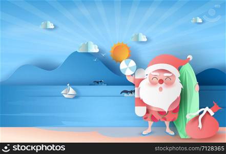 Santa Claus smile wearing beach suit on sea view sunlight blue sky.Summer Christmas time season concept.Travel Boat floating in ocean.Graphic Seaside landscape, Origami Paper craft and cut idea.vector