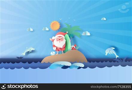 Santa Claus smile wearing beach suit travel swimming decoration of island seascape view. Dolphin jumping wildlife on sea sky beautiful.Summer Christmastime season background.Paper cut and craft style.
